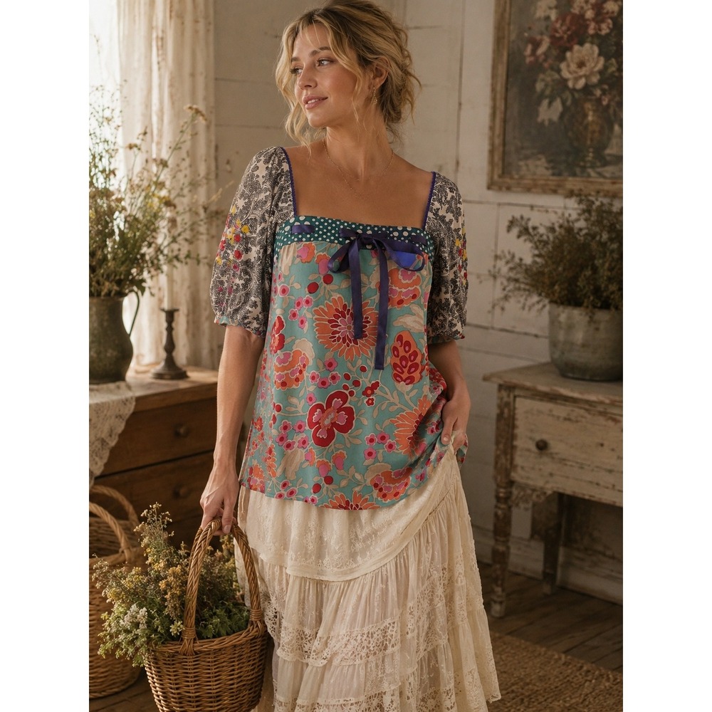 Fei Anthropologie Silk Embroidered Blouse 2 Teal Floral Paisley Boho Cottage
